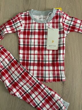 Petit Lem Red, White and Gray Plaid Kids Pajama Set